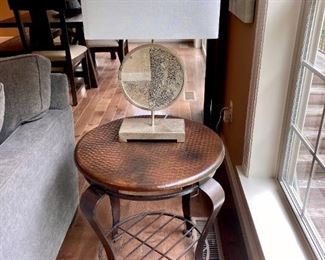 Bernhardt hammered copper top coffee table and end table and lamp