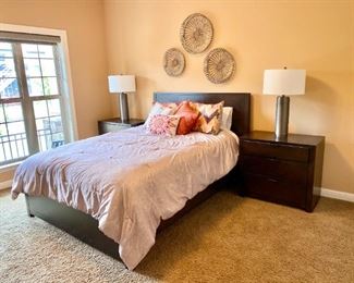 bedroom set, queen bed, night stands, dresser, lamps, comforter set pillows etc.