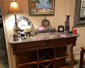 Lovely wine cabinet with granite top, framed oil on canvas