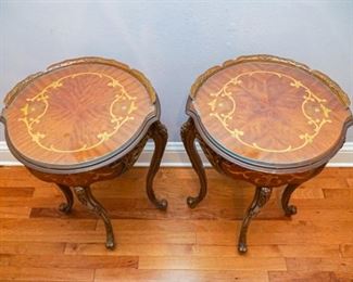 inlaid wood pair of vintage side tables