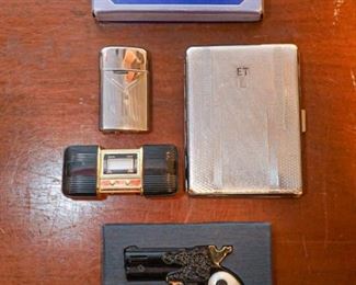 Vintage lighters and cigarette case, travel clock MCM