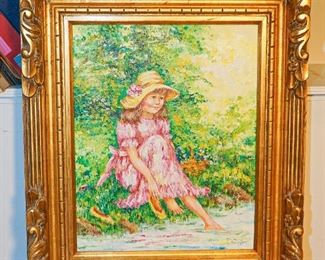 painting young girl on canvas carved frame 1970's