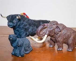 Vintage Bull fight figure, wood with tusks, and carved black bear figurine