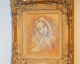 signed MCM painting Young girl with Rose
