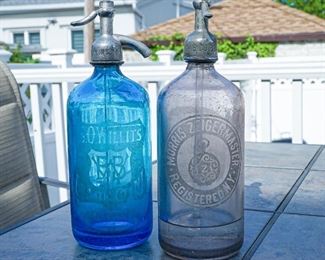 VINTAGE SELTZER BOTTLES blue, green, clear, pink! some double sided, Brooklyn, Atlantic city, New York!