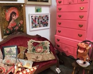 Cool pink highboy, Victorian velvet sofa, framed vintage yo-yo bits, needlepoint rug