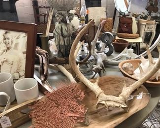 Wooden bowls, shells and antlers