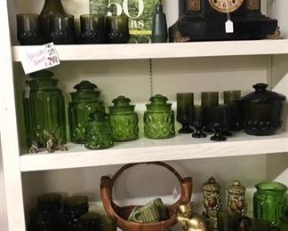 Green glass collection.   Moon and stars canister set