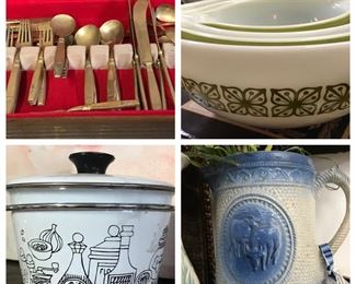 Vintage flatware, pots and pans, Cinderella Pyrex bowls