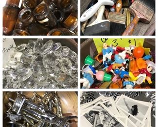 Crystal prisms, vintage cake decorations,  trophy tops , mini amber bottles and old paint brush collection. 