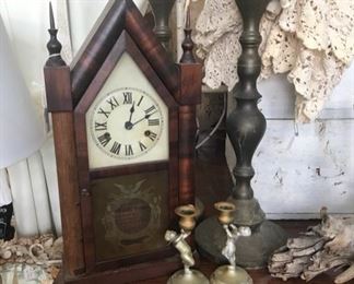 Mantle clock and brass candlesticks 