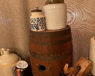 Antique crocks 
Antique whiskey barrels 
Vintage crocks 