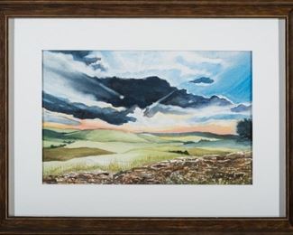 Dawn C. Thomas Sunset Over the Flint Hills Watercolor