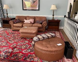 Sofa $950
Leather Ottoman $325
Round Tufted Ottoman $550
Pottery Barn Side Tables $325 each
Pair of Lamps $300