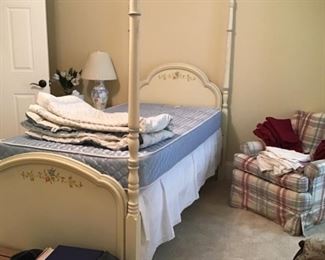 ABSOLUTELY ADORABLE children bedroom set in great condition!   To include twin bed, desk with chair and dresser with hutch.  With 1 of 2 custom fabric chairs on the right!
