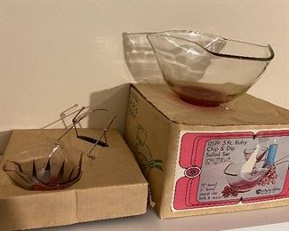 Vintage Indiana Glass 5pc Ruby Chip & Dip Salad Set no spoons-Original Box