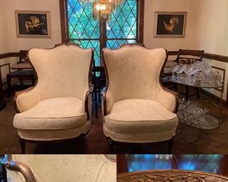Pair Antique Hand Carved Upholstered Arm Chairs
