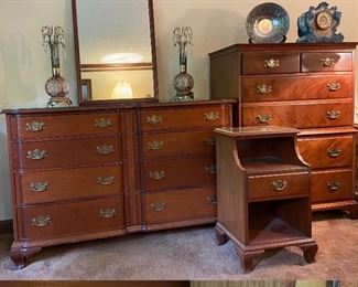 85 Plus Years old Solid Cherry or Mahogany Bedroom Set. Chest of Drawers, Dresser  with Custom Cut Glass top, Pair of Twin Beds Head Board & Foot Board with Rails, and a single Night Stand