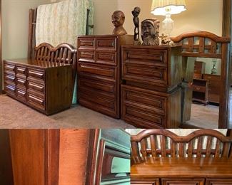 Solid Dark Chunky Pine 1970’s Contemporary Queen Bedroom Set ( Headboard, dresser & Mirror, Chest of Drawers, and Pair of Nightstands 