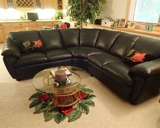 DARK NAVY BLUE ROUND BACK LEATHER SECTIONAL - NEW CONDITION