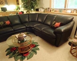 DARK NAVY BLUE ROUND BACK LEATHER SECTIONAL - NEW CONDITION