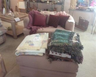 Vintage quilt, throws, overstuffed chair and otto