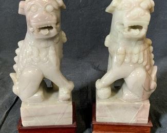 Pair Carved Natural Stone Foo Dog Figurals & Bases
