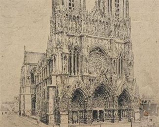 Lithograph of Reims Cathedral Artwork
