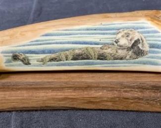 K SPERRY Signed Otter Etching on Bone 1987

