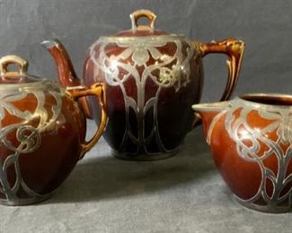 Sterling & Ceramic Teapot, Sugar Bowl, Creamer
