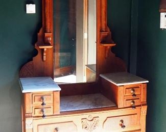 Antique Victorian Drop Well 6-Drawer Dresser With Marble Top, Tear Drop Handles And Mirror, 81" x 43" x 20"