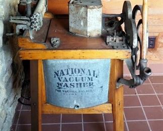 Antique National Washer With Wood Frame And Galvanized Tub, 40" x 40" x 30"