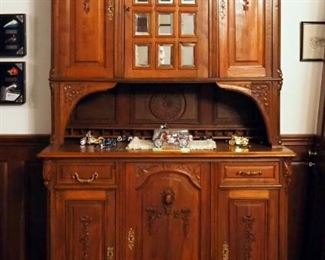 Antique Walnut 2-Piece Hutch With Carved Accents, 92" x 52" x 21.5"