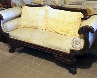Antique Carved Empire Sofa With Claw Feet, 33" x 73" x 24", Includes Crocheted Pillows