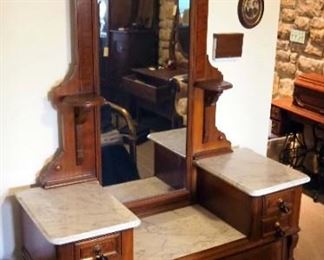 Antique Renaissance Drop Well 6-Drawer Dresser With Marble Top, 52" x 95" x 21"