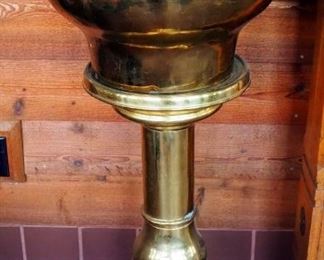 Brass Pedestal Plant Stand/Urn, 41" Tall, 19" Diameter, And Wood Plant Stand, 41.5" Tall