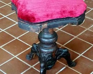 Antique Adjustable Turned Wood Piano Stool With Cast Iron Feet