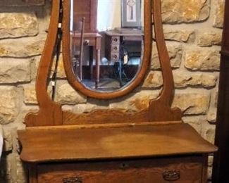 Antique Solid Oak 2-Drawer Dresser, With Beveled Glass Tilt Mirror, 80" x 39" x 21"