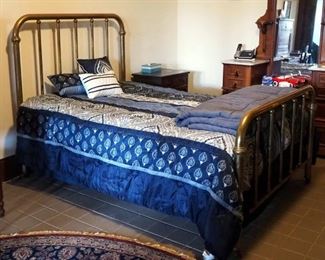 Antique Brass Full Size Bed, Including Headboard, Foot Board, Side Rails, Mattress, Box Springs And Bedding