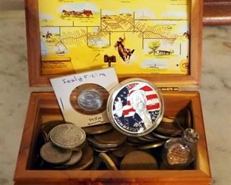 American & Foreign Coin Currency In Cedar Trinket Box