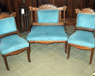 Antique Upholstered East Lake Parlor Set, Including Bench, 35" x 32" x 21", And 2 Chairs, 35" x 19" x 19"
