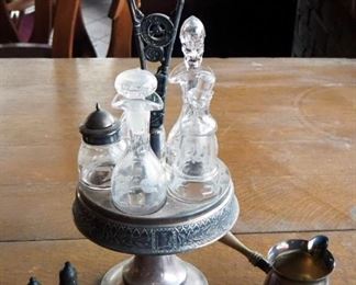 Silver Plated Cruet Set, Saucier And Sterling Silver Salt And Pepper Shakers