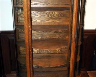 Antique Solid Oak Curved Glass Curio Cabinet With Carved Claw Feet And 5 Wood Shelves, 69" x 41" x 17"
