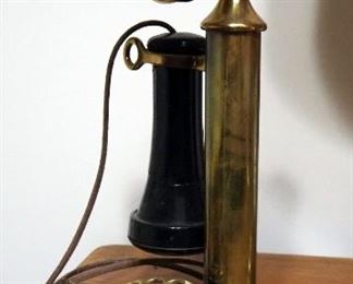 Antique American Tel & Tel Co Brass Candle Stick Rotary Telephone #337 And 22" 3-Light Brass Table Lamp