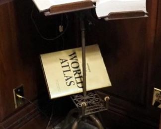Vintage Cast Iron Lighted Book Stand, Fully Adjustable, 1966 Webster's 3rd New International Dictionary And 1977 Hammond World Atlas