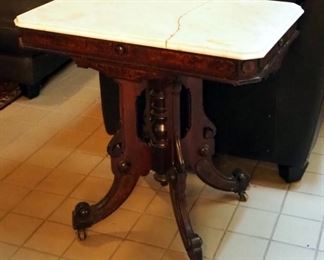 Antique Pedestal Accent Table With Marble Top On Wood Casters, 30.75" x 32" x 20.5"