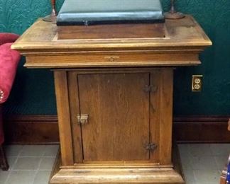 Vintage Garnett Church Furnishings Co. Solid Wood Preacher's Pulpit With Storage Cabinet, 43" X 35.5" X 25", And Wooden Candlesticks, 9.5", Qty 2
