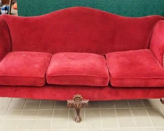 Antique Camel Back Upholstered Sofa With Carved Wood Accents, Nail Head Trim, And Claw Feet, 35.5" X 79" X 36"