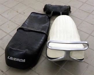 Vintage Harley Davidson Motorcycle Seat, Laverda Seat, And Leather Tool Bag