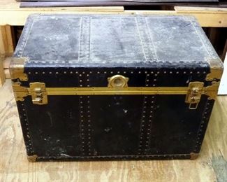 Antique Steamer Trunk With Reinforced Metal Sides, Hardware And Leather Handles, 24" x 36" x 21"